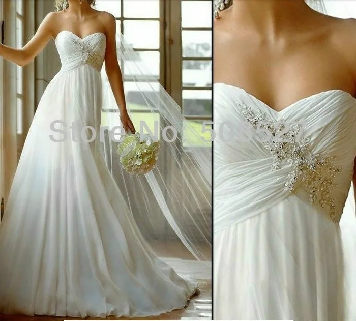 Free Shipping   White/Ivory Chiffon Pleat Lace Applique Beading Diamond Wedding Dress In Stock US Size 2 4 6 8 10 12 14 16