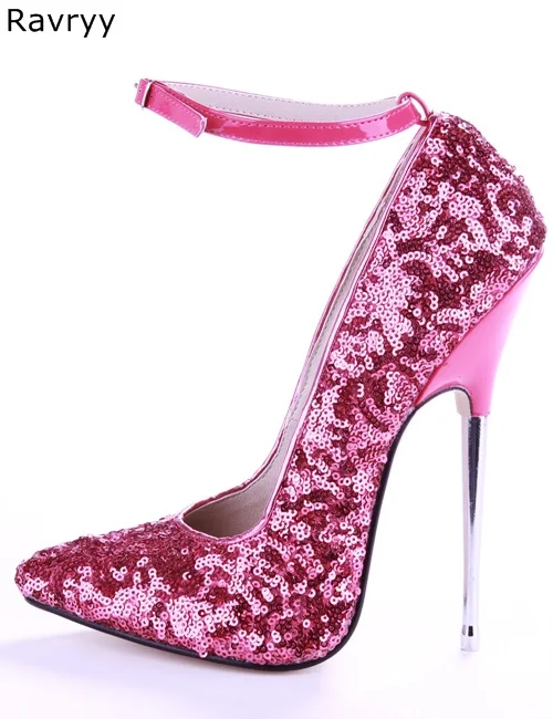 Bling bling Woman rose red high heel Pointed Toe Sexy Pumps 16CM metal Thin heel female dress shoes stiletto club party shoes