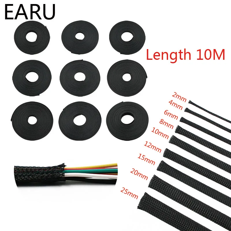 10M Black Insulated Braid Sleeving 2/4/6/8/10/12/15/20/25mm Tight PET Wire Cable Protection Expandable Cable Sleeve Wire Gland