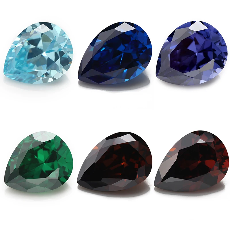 

Size 3x5~10x12mm Pear Shape Cubic Zirconia Stone Green Deep Sea Blue Tanzanite Coffee Rhodolite Color 5A Loose CZ Synthetic Gems