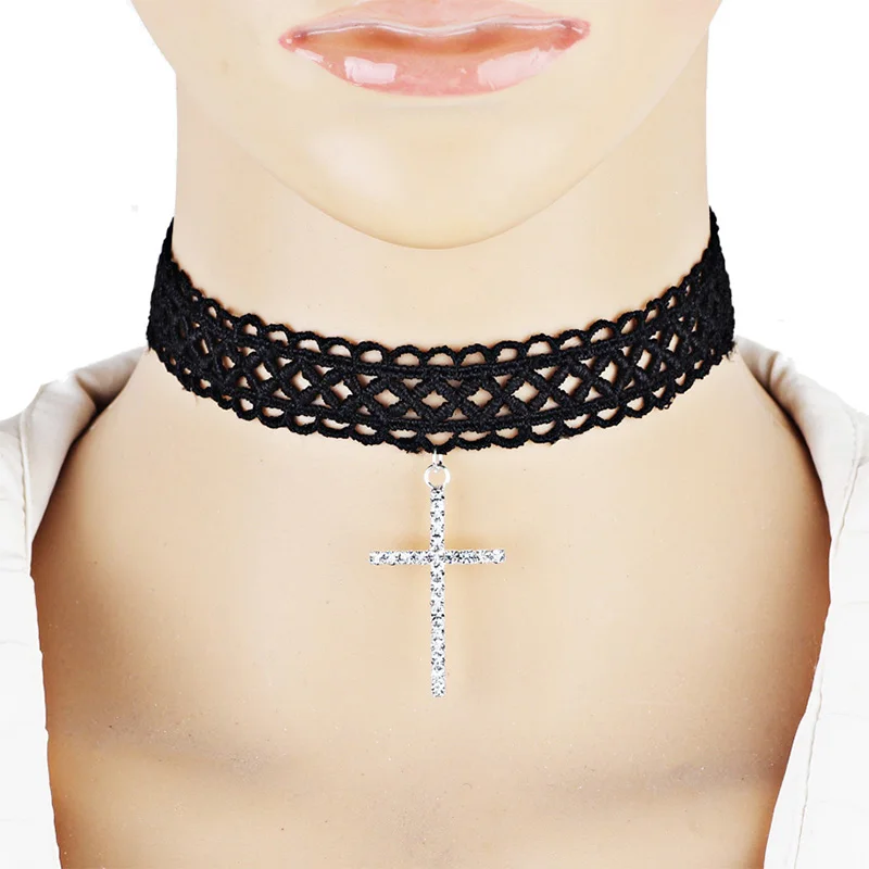 La MaxZa New Trendy Necklace Flash Cross Pendant Women Retro Choker Black Lace lace Gothic Necklaces Personality Fashion Jewelry