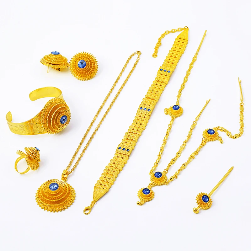 Ethlyn Luxury Ethiopian Eritrean Traditional Jewelry Choker Sets Gold Color Stone Wedding Jewelry Sets Women S097