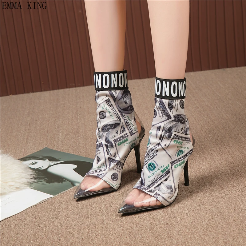 2023 Dollar Print Women Short Sock Boots Fashion PVC Pointed Toe Ankle Booties Fashion Stilettos High Heels Woman Winter Shoes