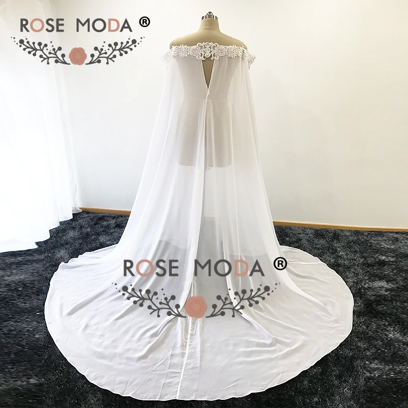 Rose Moda High Quality Chiffon Off Shoulder Wedding Cape with Lace and Pearls White Ivory Bridal Jacket Wraps Custom Made