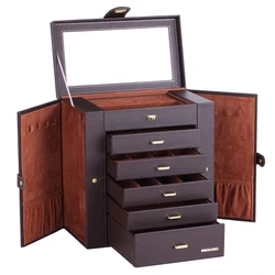 Extra Large Brown Jewelry Box Vintage Jewellery Pendant Case PU Rings Organizer Earrings Display Necklace Storage Cabinet ZG241