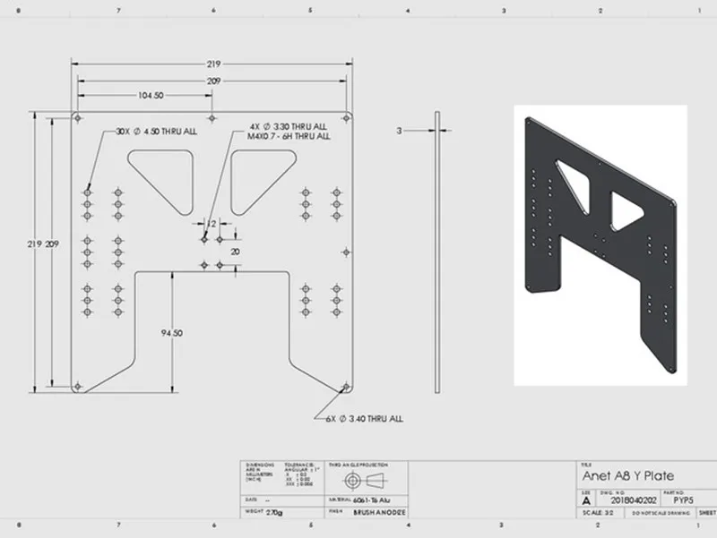 Anet A8 E10 Y-Carriage upgrade plate Anet A6 3D Printer Upgrade Y Carriage Anodized Aluminum Plate