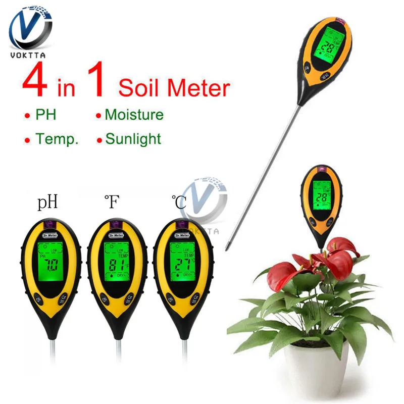 4 IN 1 Digital PH Meter Soil Moisture Monitor Temperature Sunlight Tester Soil Survey Instrument For Gardening Plants Farming