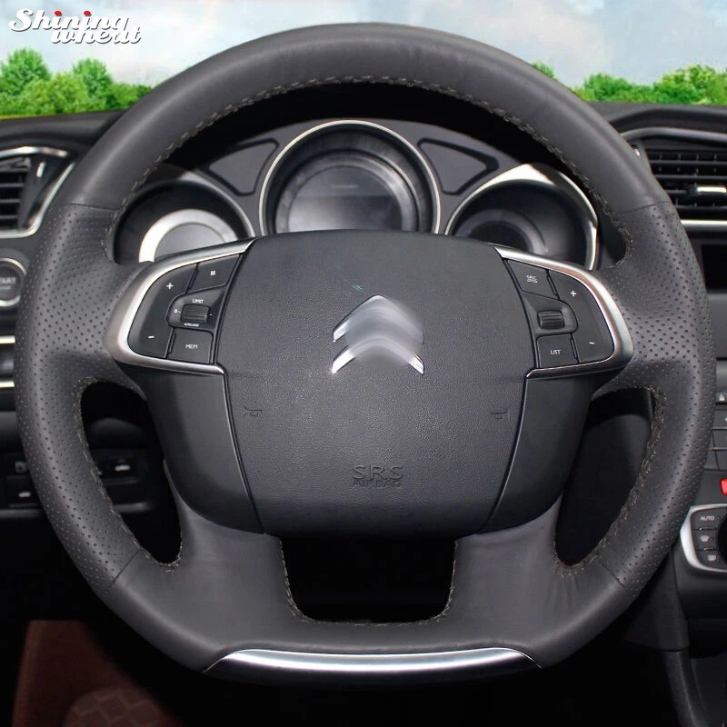 Shining wheat Hand-stitched Black Leather Car Steering Wheel Cover for Citroen C4 C4L