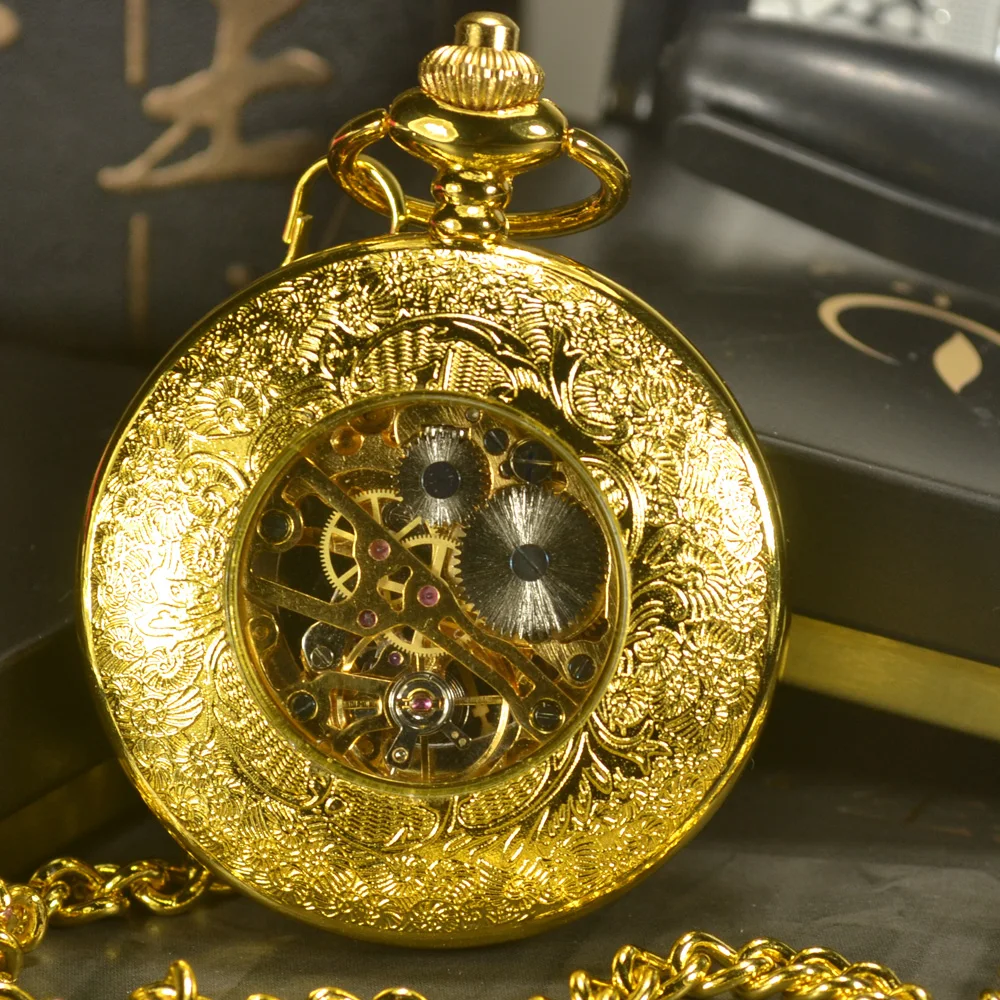 TIEDAN Skeleton Mechanical Pocket Watch Men Steampunk Luxury Antique Chain Necklace Business Casual Pocket & Fob Watches Gold