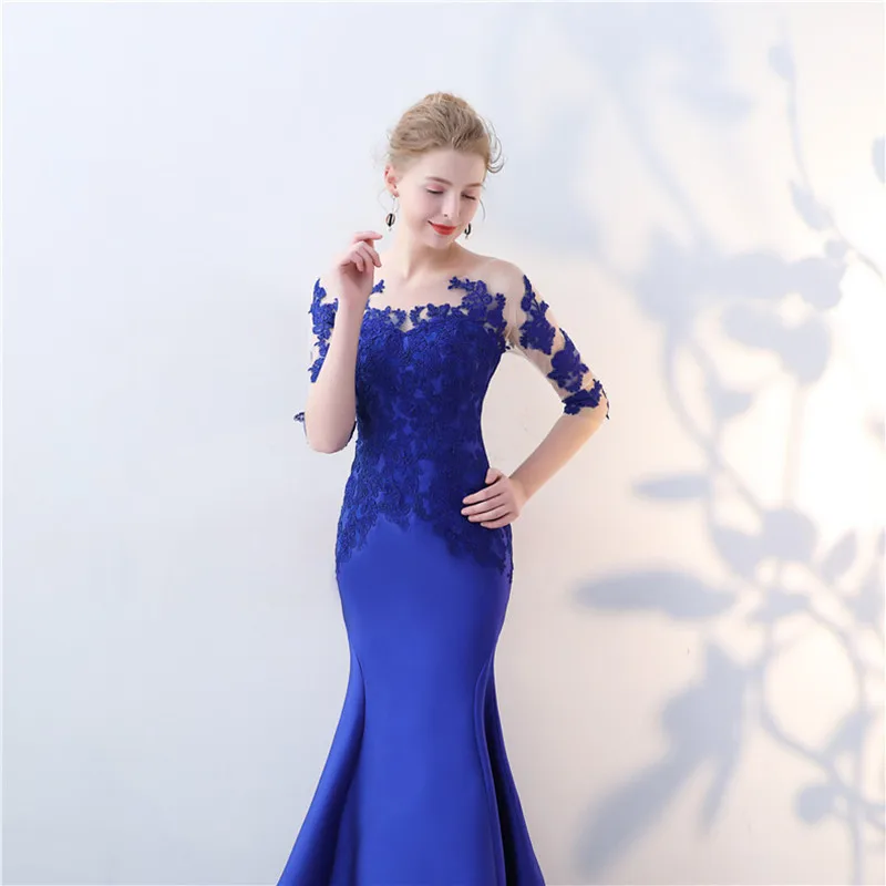 JaneVini Elegant Mermaid Royal Blue Prom Dresses with Half Sleeve Lace Appliques Illusion Back Satin Prom Dress Vestidos De Gala