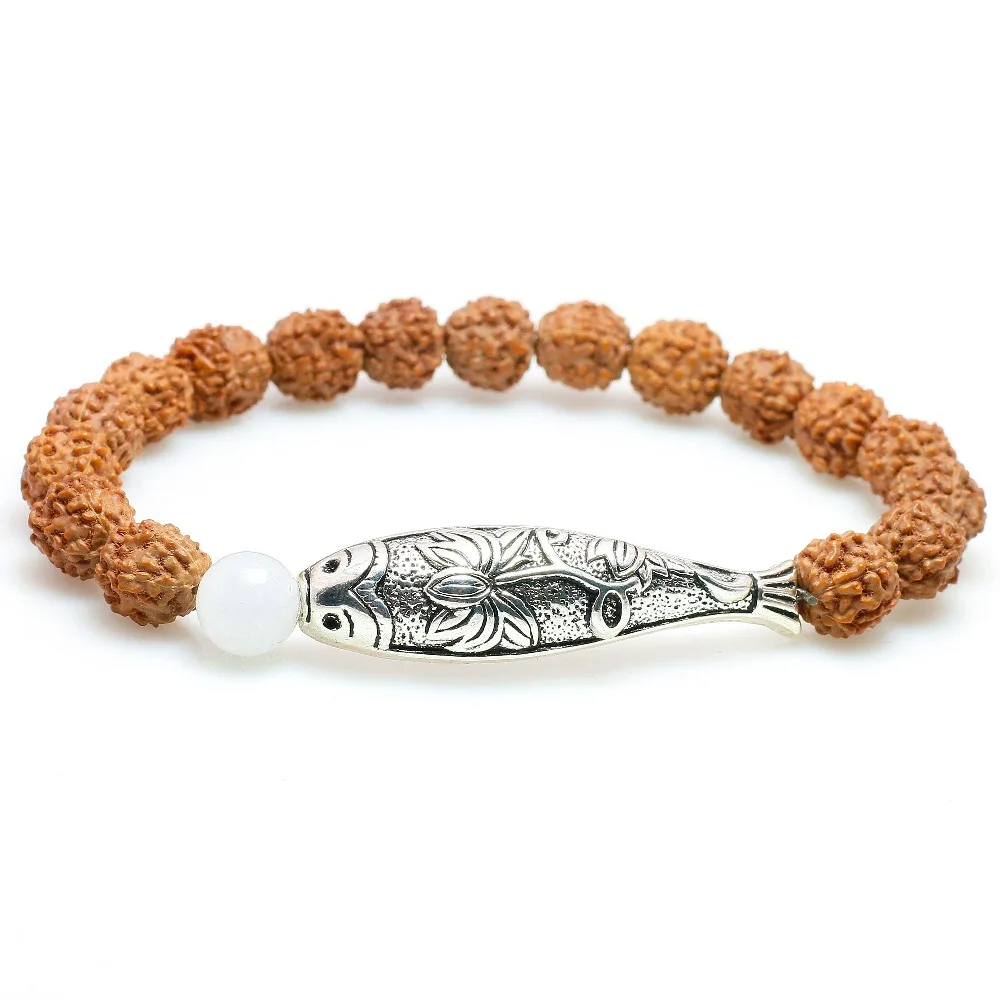 Rudraksha Seed Beads With Amazonite Stone Fish Charm Bracelet For Women White Chalcedony Yoga OM Jewelry