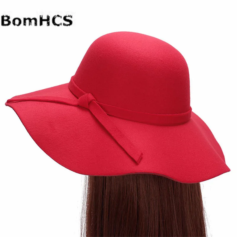 BomHCS Fashion Women Winter Cap Fedoras Wool-like Large Border Formal Hat 169221