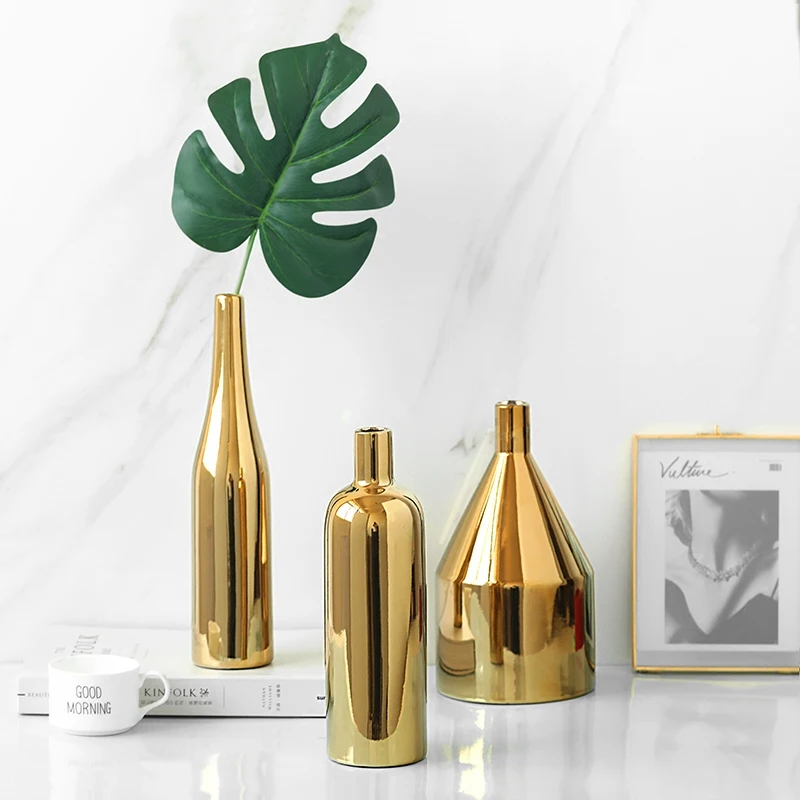 1pcModernGoldenVaseCeramicFlowerVaseGoldMetallicVaseWaterPlantingContainerDesktopDecorativeVase