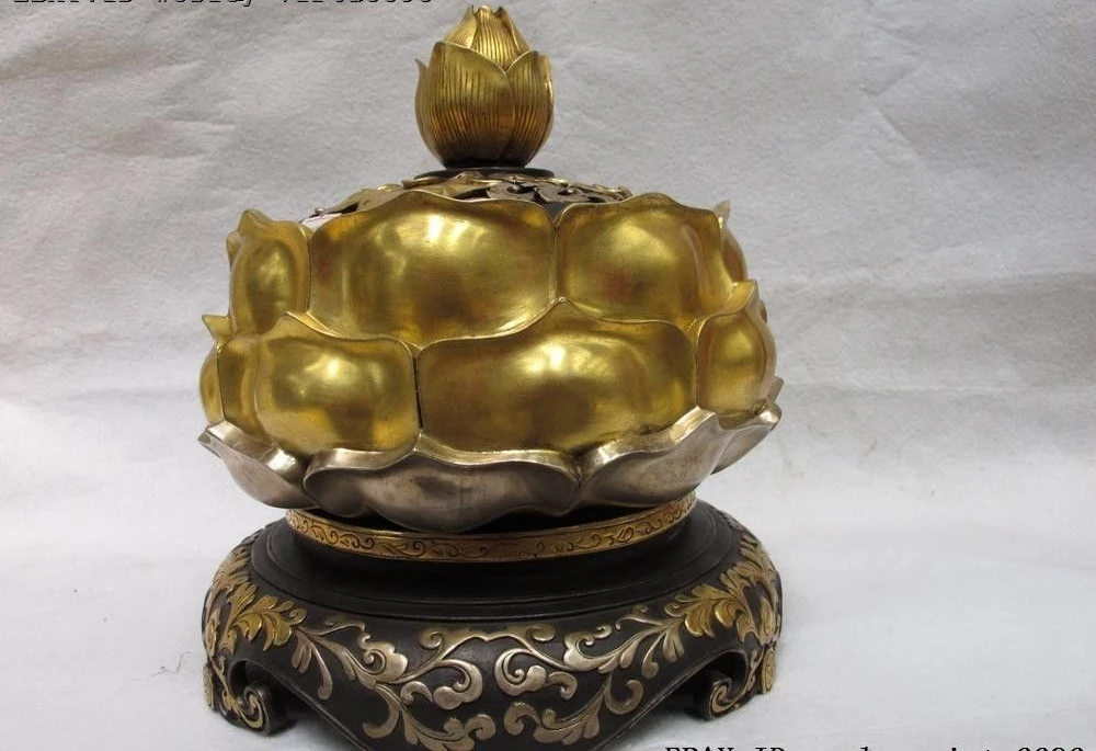 Tibet Pure Bronze Copper 24K Gold Silver-Gilt Lotus Flower Incense Burner Censer