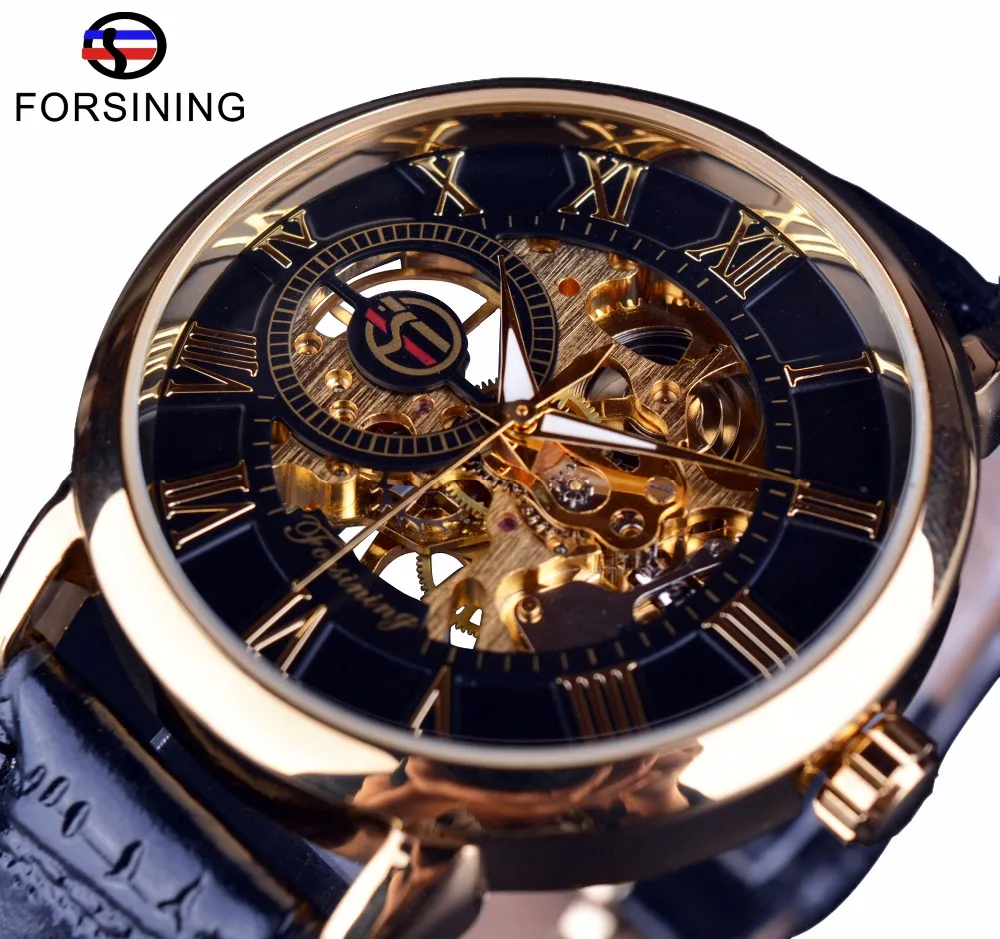 

2019 Fashion Forsining Brand Men Watch Luxury Mechanical Skeleton Watch Black Golden 3d Literal Design Roman Number Dial Clocks