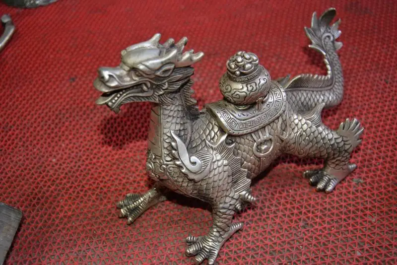 Collectable Ming Dynasty (xuan de1426-1438)Silver Dragon statue,Free Shipping