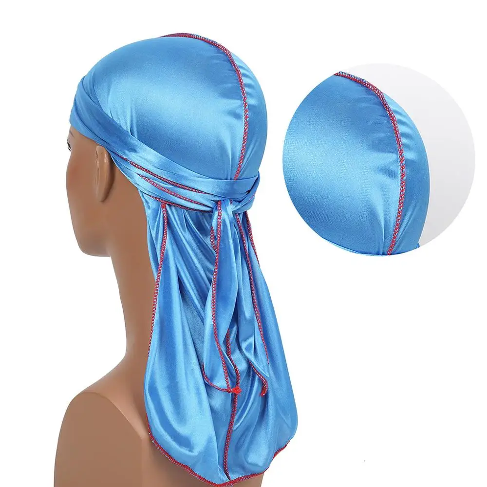 Sliky Men's Durag Hip-Hop Bandanna Cap Rapper Unisex Solid Satin Turban Hat Elastic Headband Women Du-rag Long Tail Pirate Hat