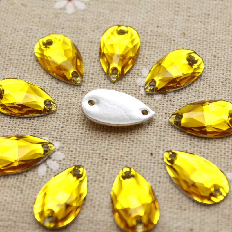 100pcs 10.5*18mm  Sew on Rhinestones Gold Yellow Waterdrop jewelry findings Resin Flatback Sewing Crystal 2 holes For Garment