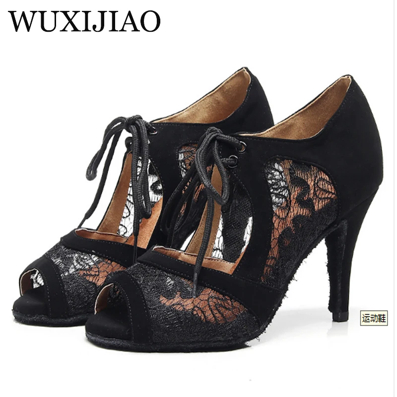 WUXIJIAO zapatos de baile latino de encaje rojo y negro para mujer zapatos de baile de salón zapatos de baile de rendimiento de Salsa tacón 8,5/10cm