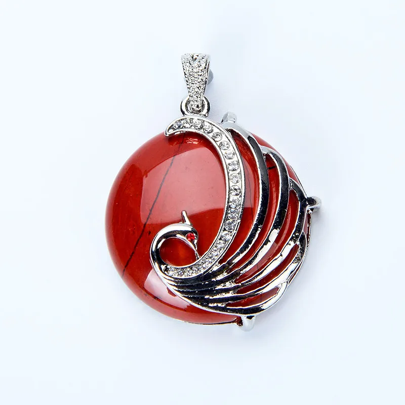 Fashion Jewelry Rose Pink Quartz Opal Aventurine Oblate Round Bead Inlaid Rhinestone Copper Metal Peacock Pendants for Necklace