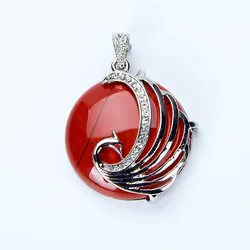 Fashion Jewelry Rose Pink Quartz Opal Aventurine Oblate Round Bead Inlaid Rhinestone Copper Metal Peacock Pendants for Necklace