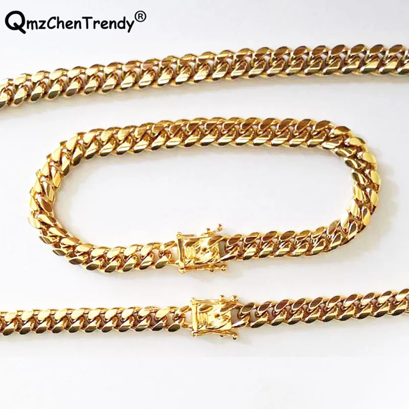 Hip hop Men Miami Cuban Curb Link Chain Necklaces Bracelet Stainless Steel 18K Gold Plated Lock Clasp Jewelry Set Size 12mm