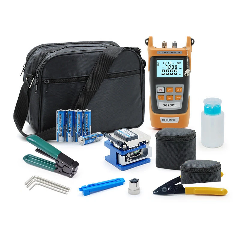 

FTTH Fiber Optic Tool Kit with FC-6S Fiber Cleaver and Optical Power Meter 5MW Visual Fault Locator machine CFS-2 Wire stripper