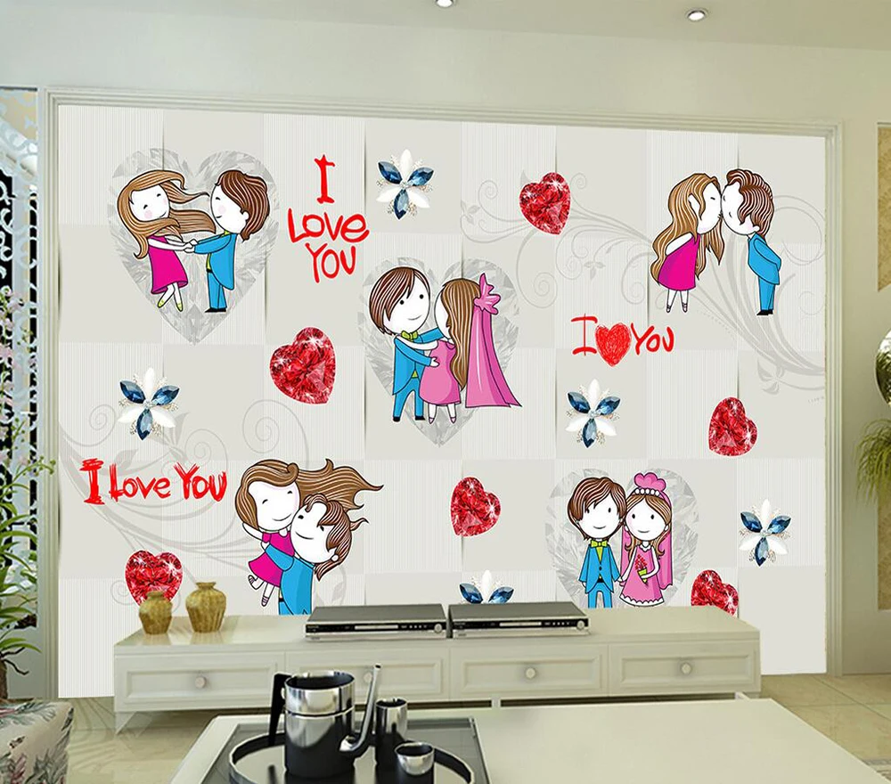 Custom wallpaper Romantic marriage room cartoon couple background wall