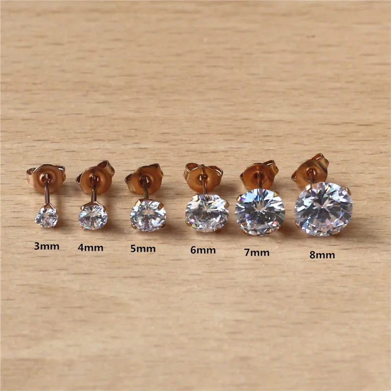 BG4 316 L Stainless Steel 3mm to 8mm Round Clean Zircons Stud Earrings Rose Gold-color Vacuum Plating No Easy Fade Allergy Free