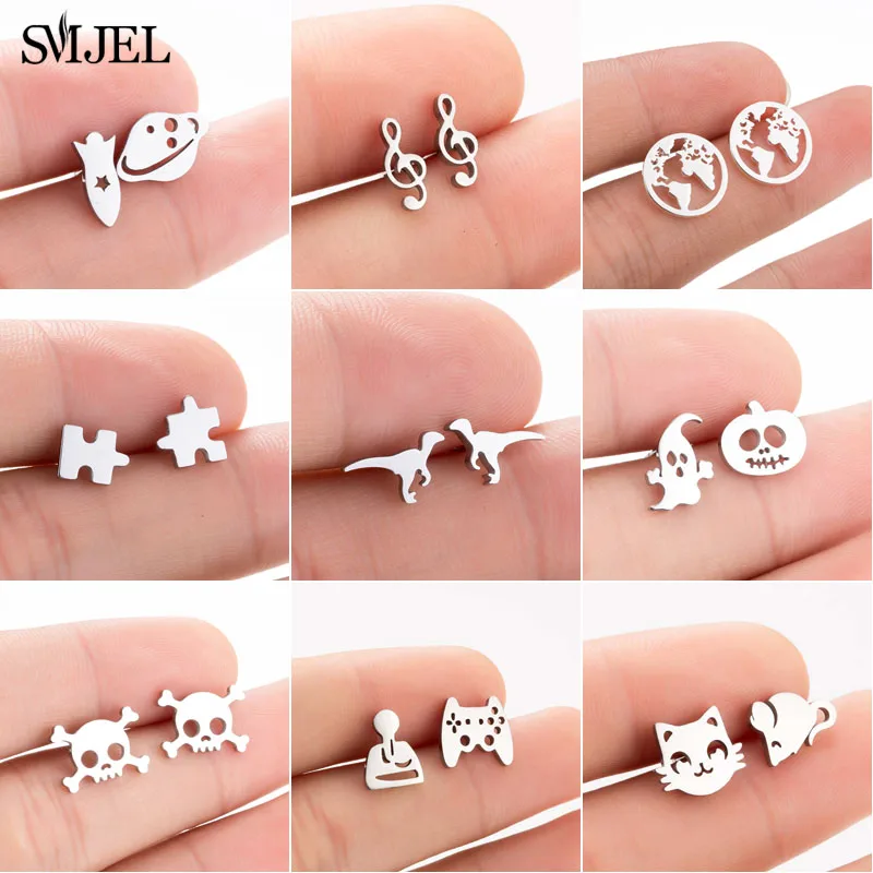 SMJEL Multiple Stainless Steel Stud Earrings for Women Girls Fashion Minimalist Skull Ghost Music Earrings Jewelry Punk Gifts