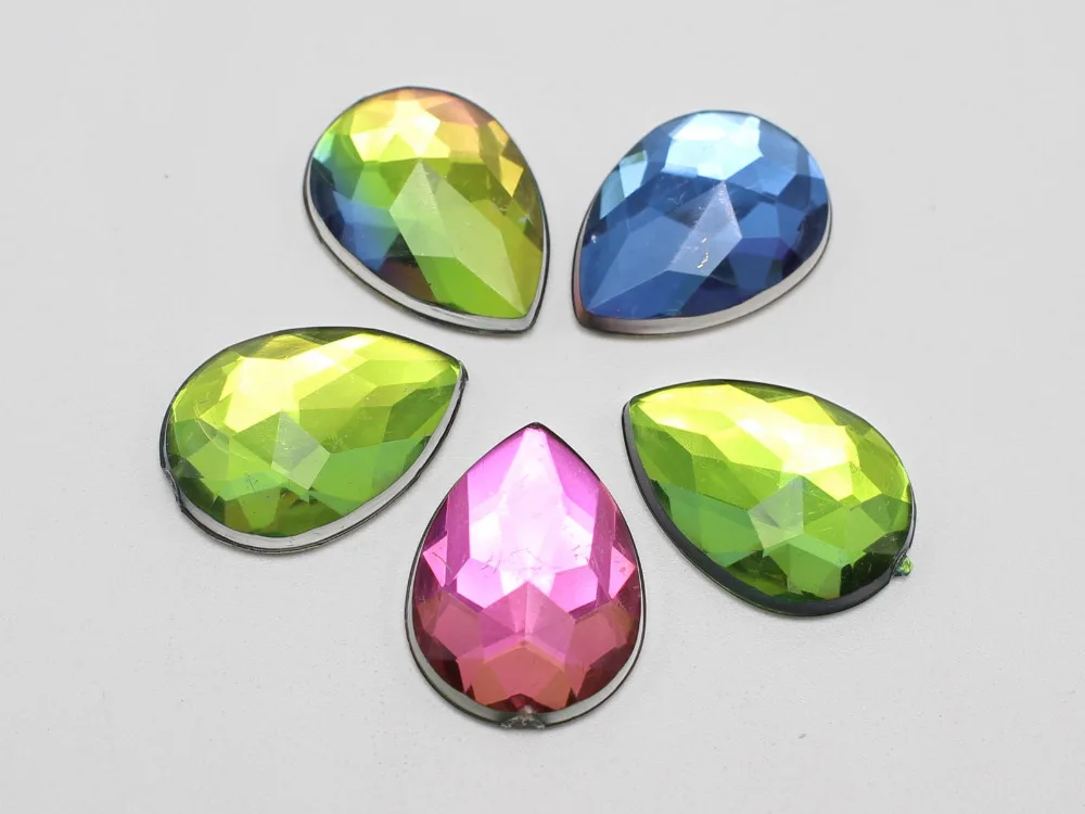 100 Rainbow AB Acrylic Flatback Faceted Teardrop Rhinestone Gems 13X18mm No Hole