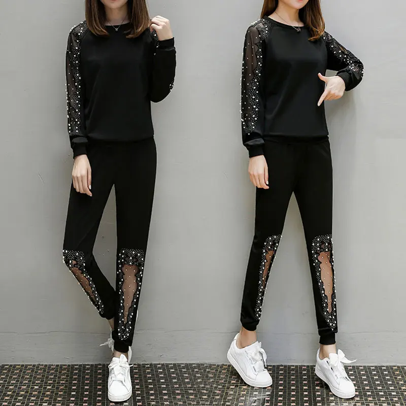 Large Size Spring Black Two Piece Set Women Long Sleeve Hollow Beaded 2 Piece Set Women Round Neck Elastic Waist Suit Female 122