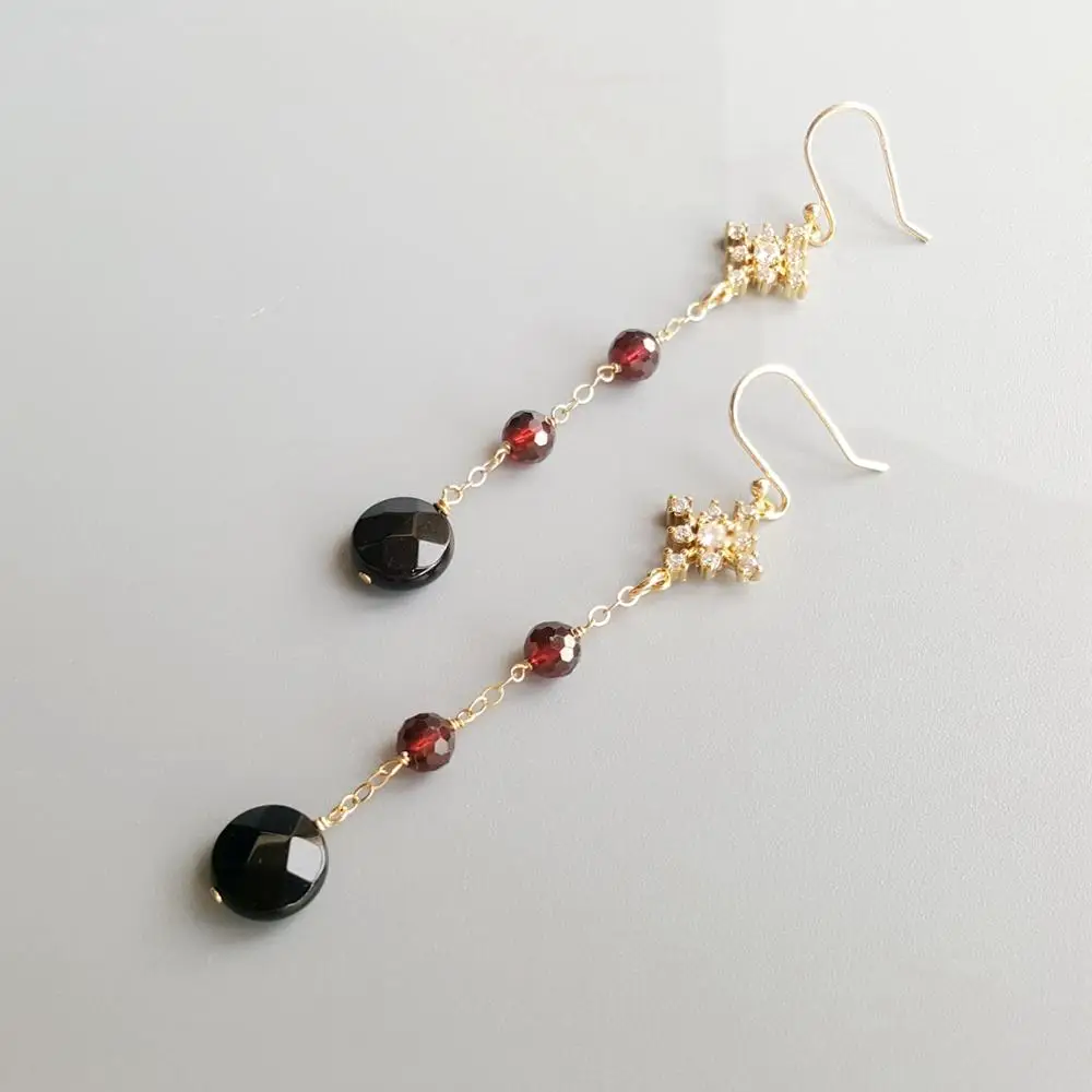 Lii Ji Genuine Black Agate Garnet Zircon Snowflake Drop Delicate S925 Earrings Hook Earrings