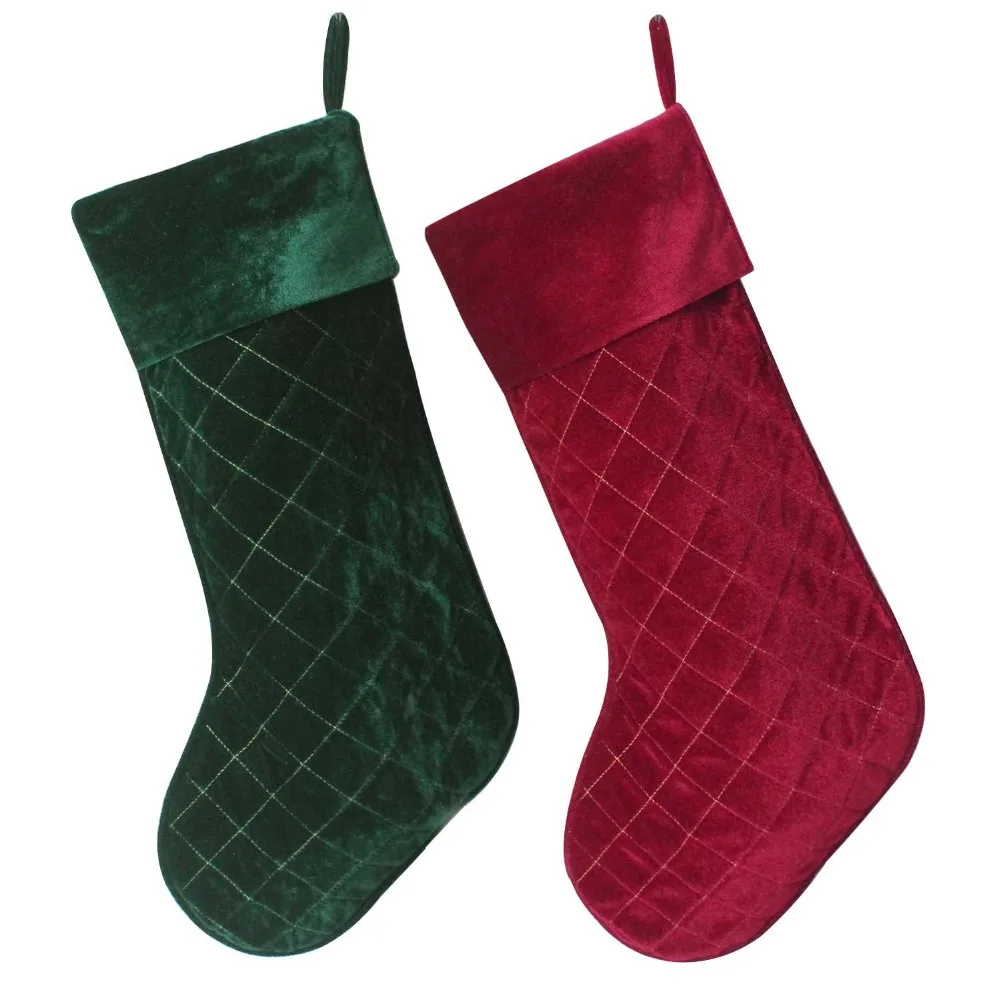 New arrivel Set of 2 pcs Red & Green Velvet Stocking Diamond Quilted Embroidery decoration Socks Christmas stocking