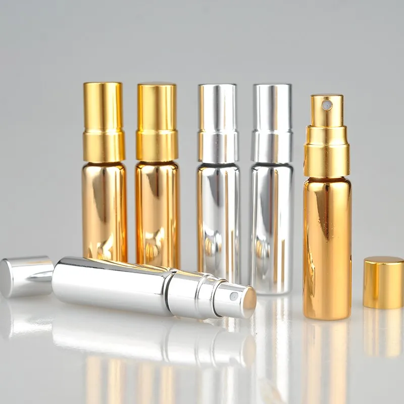 

5ML UV Gold Parfum Travel Spray Perfume Bottle Makeup Portable Empty Cosmetic Containers with Aluminium Spray Pump 100pcs/lot