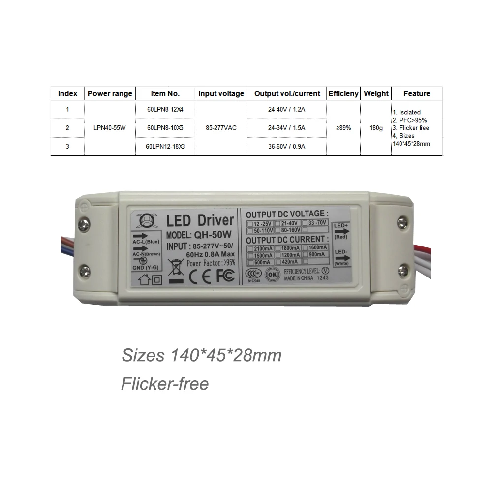 85-277V alto PFC 95% Driver principale Non tremolante con il cavo di piombo 1015 280mm 40W-55W CE dell\'interno del trasformatore delle luci