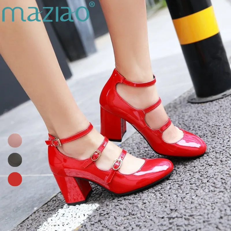 MAZIAO Spring 2019 Shoes Women Mary Jane Thick High Heels Buckle Pumps Party Shoes Round Toe Ladies Shoes Black Red Size 34-43