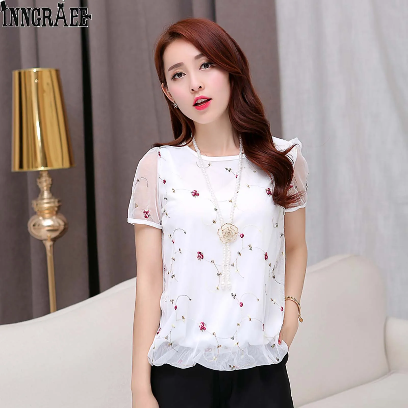 Fashion Korean Shirt For Women Blouse short Sleeve Embroidered Chiffon Blouses Casual Tops office Clothing NS3868