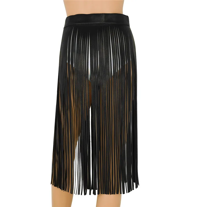 Womens Sexy Tassel Skirts Goth Hippie Boho Waistband Long Fringe Black Leather Tassel Skirt High Waist Skirt Holographic Skirt