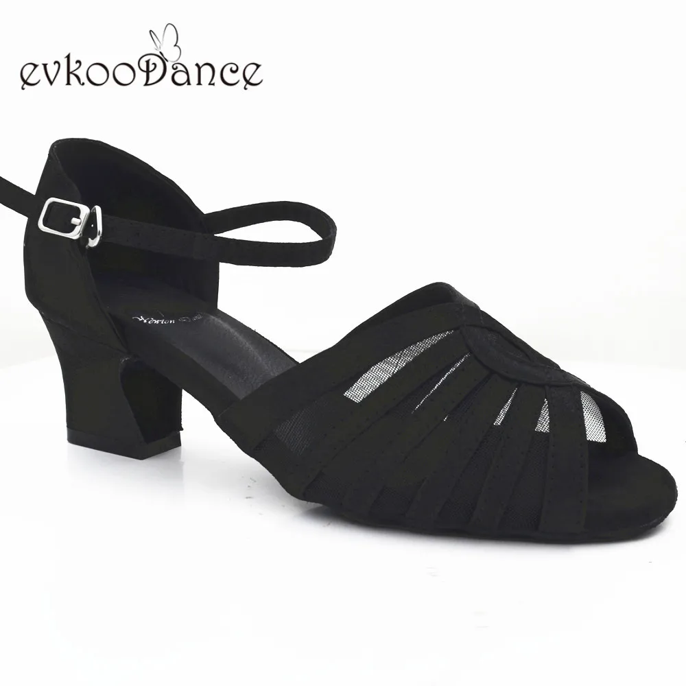 Evkoodance Zapatos De Baile Black Satin Mesh Low heel 5cm Practise Dancing Shoes  Latin Salsa Ballroom Shoes DIY Women Evkoo-527