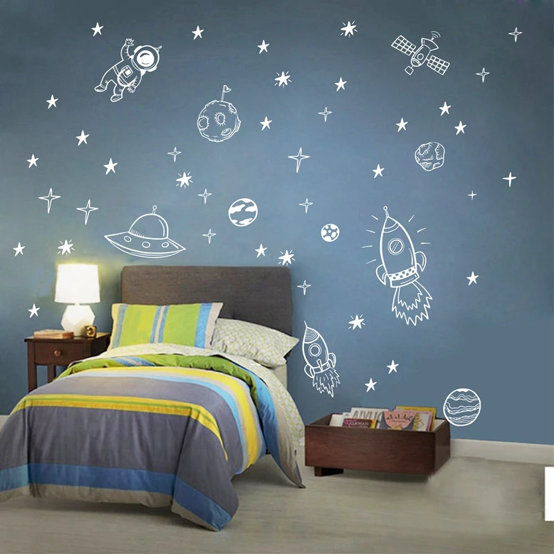 Rocket Ship Astronaut Creative Vinyl Wall Sticker For Boy Room Decoration Outer Space Wall Decal Nursery Kids Bedroom Decor NR13