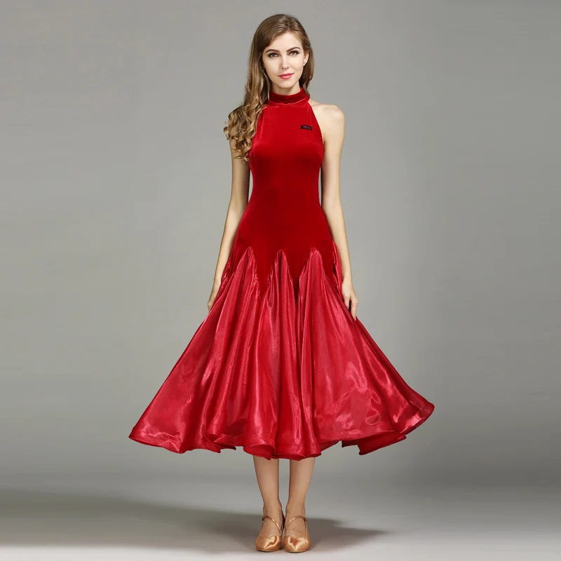 

ballroom dance modern dance dress sleeveless velvet fabric big flare dress hem halter neck