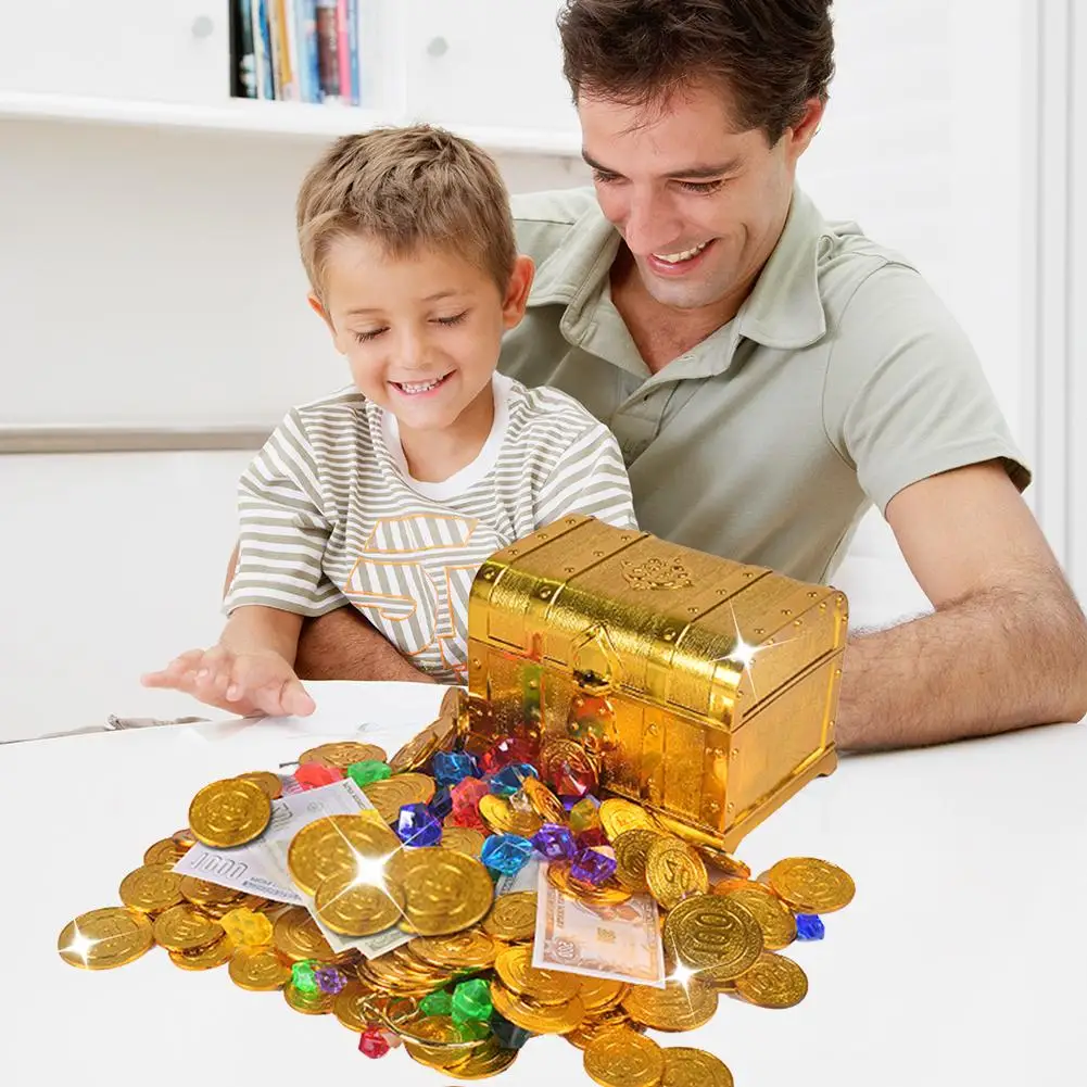 Children Treasure Hunting Box pirate coins Treasure Box Electroplated Retro Plastic Box Toy Gold Coins and Pirate Gems Jewelry