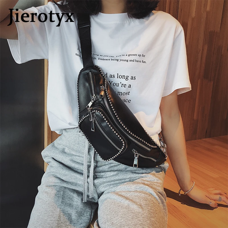 JIEROTYX Leather Waist Bag Women Luxury Brand Waist Fanny Packs Belt Bag Chest Handbag Black Color Sexy Rivets Punk Gothic