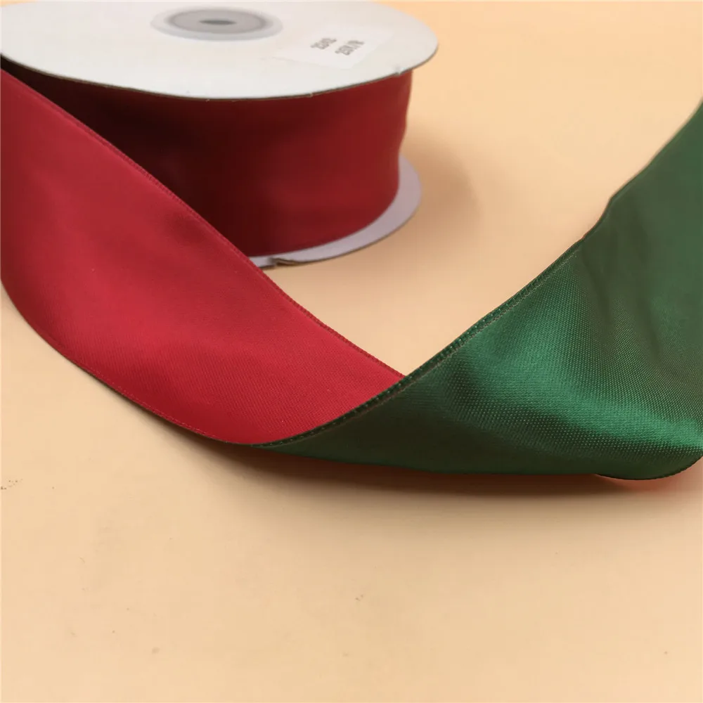 38MM X 25yards two tone reverse green red satin ribbon wire edged for gift box packaging N2242