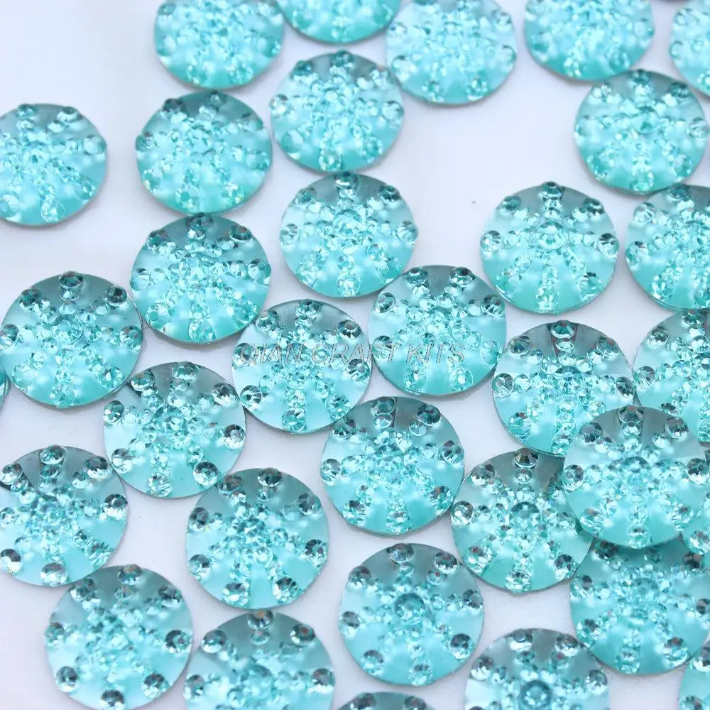 250pcs Vintage 14mm aqua Translucent Round resin rhinestone snow flakes Flat Back Cabochons Excellent D25