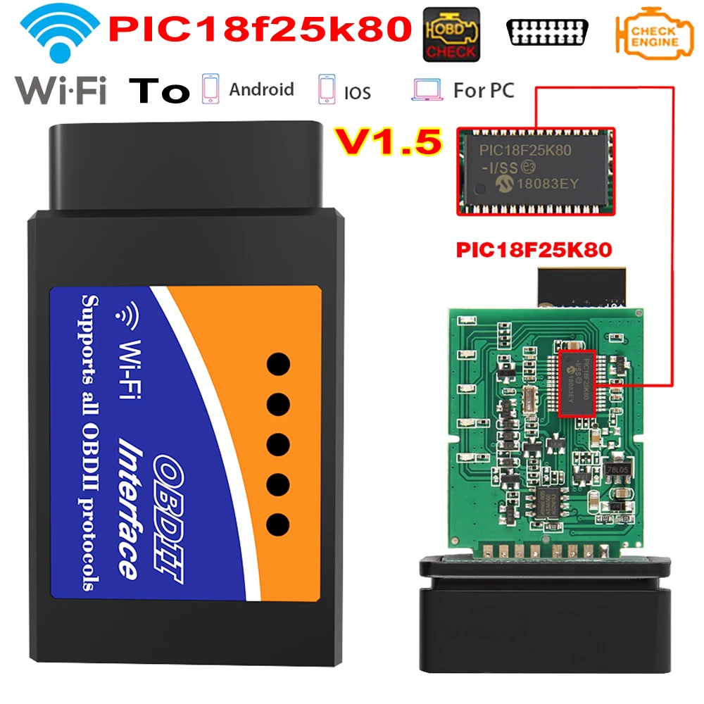 

Лучший сканер PIC18F25K80 ELM327 WIFI V1.5 OBD2 считыватель кодов ошибок автомобиля адаптер OBDII для IOS Android