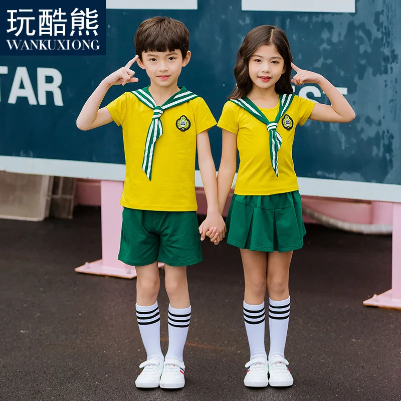 Children\'s Kindergarten Uniforms Kids Primary School Uniforms Short Sleeve Round Collar Brazil Chorus Costumes Top Skirt D-0633