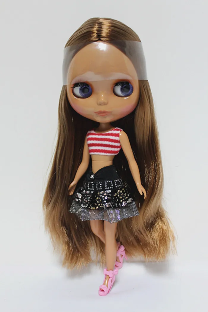 

Blygirl Blyth doll Light brown straight hair nude baby 107BL674 ordinary body 7 joints black skin for their own change makeup