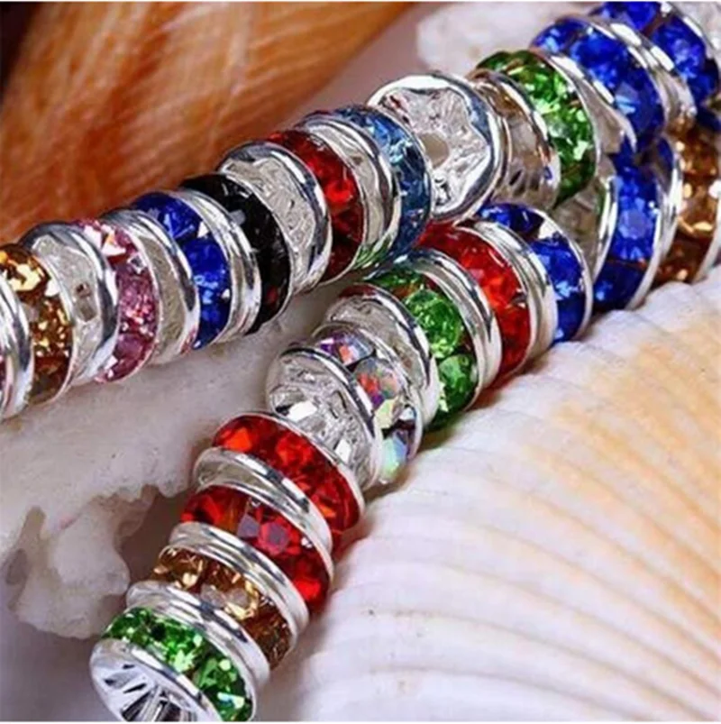 Wholesale 50pcs 6MM Metal Silver Plated Crystal Rhinestone Rondelle Spacer Beads 13 Colors For Choose DIY